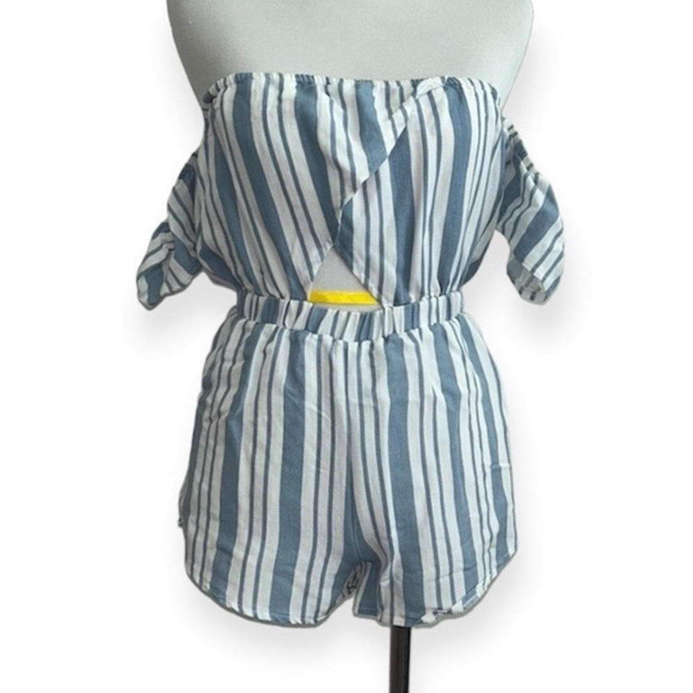 Kimchi blue XS blue and white stripe off shoulder romper